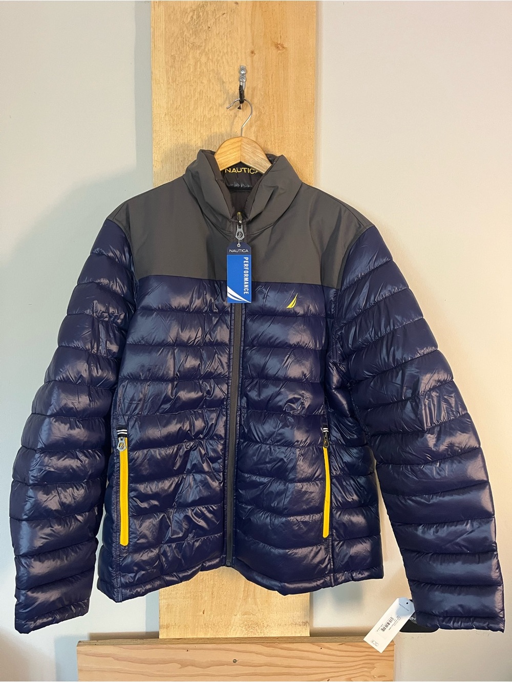 Nautica Navy Puffer Jacket with Gray Yoke and Yellow Trim